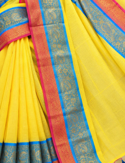 Yellow 3D Mull Cotton Saree , Contrast Border – KalamKantha