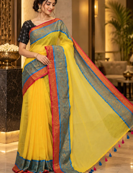 Yellow 3D Mull Cotton Saree , Contrast Border – KalamKantha