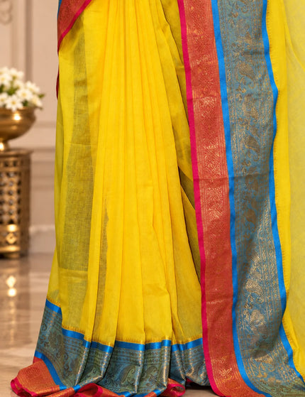 Yellow 3D Mull Cotton Saree , Contrast Border – KalamKantha