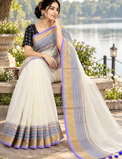 White Mull Cotton Saree , Multicolour Border – KalamKantha