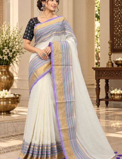 White Mull Cotton Saree , Multicolour Border – KalamKantha