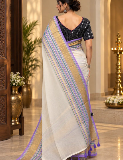 White Mull Cotton Saree , Multicolour Border – KalamKantha