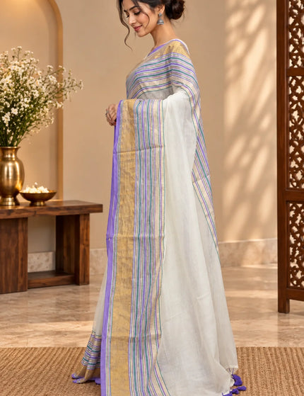 White Mull Cotton Saree , Multicolour Border – KalamKantha