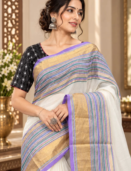 White Mull Cotton Saree , Multicolour Border – KalamKantha