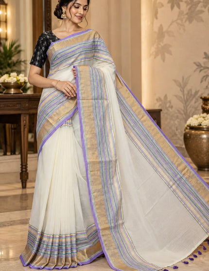 White Mull Cotton Saree , Multicolour Border – KalamKantha