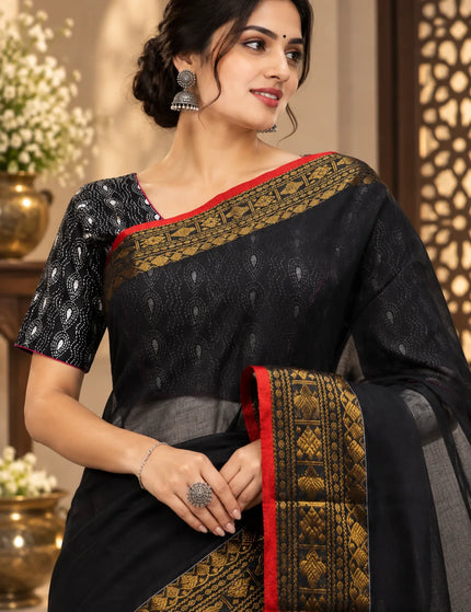 Black Mull Cotton Saree , Golden Border – KalamKantha