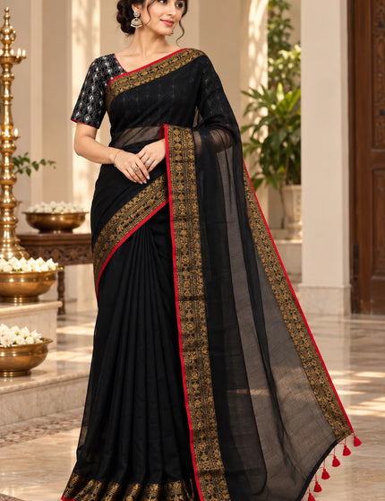 Black Mull Cotton Saree , Golden Border – KalamKantha