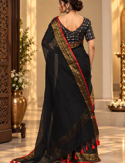 Black Mull Cotton Saree , Golden Border – KalamKantha