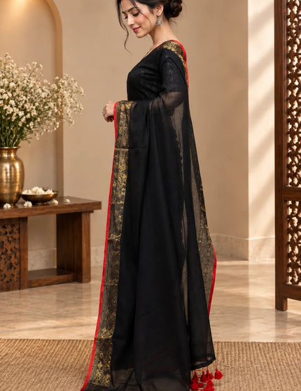 Black Mull Cotton Saree , Golden Border – KalamKantha
