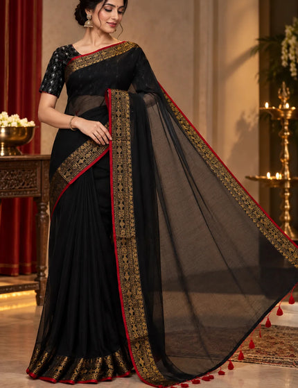 Black Mull Cotton Saree , Golden Border – KalamKantha