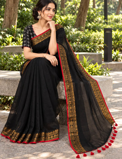 Black Mull Cotton Saree , Golden Border – KalamKantha