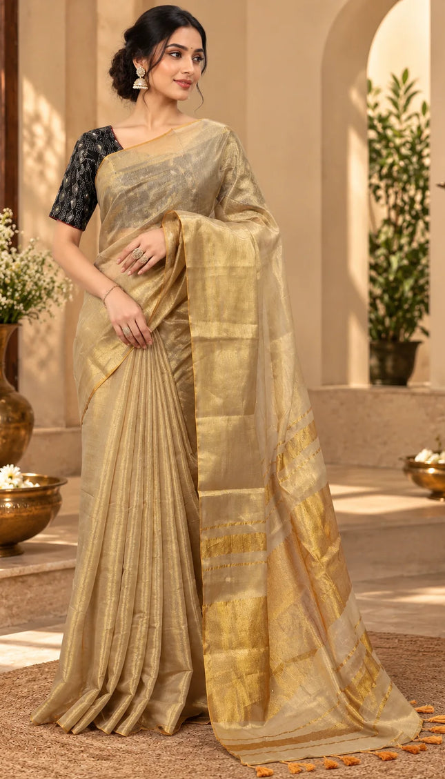 Front view of ivory Mull cotton saree with golden zari border and tasseled pallu