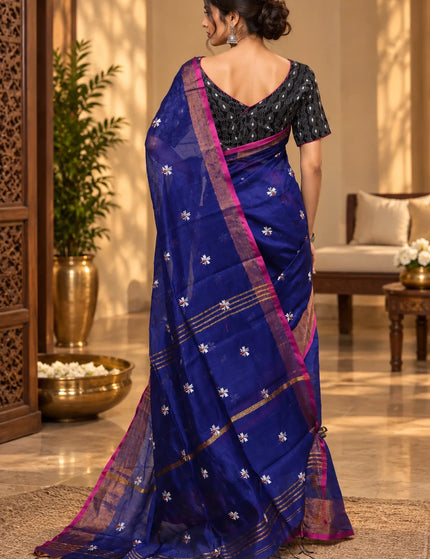 Royal Blue Coral Jasmin Handloom Saree – KalamKantha