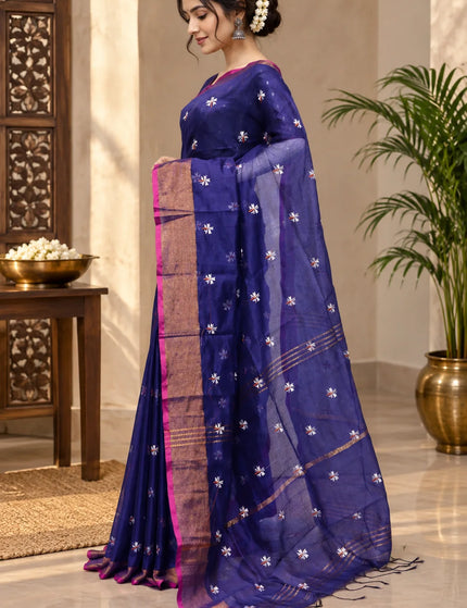 Royal Blue Coral Jasmin Handloom Saree – KalamKantha