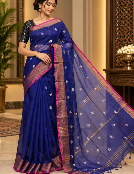 Royal Blue Coral Jasmin Handloom Saree – KalamKantha
