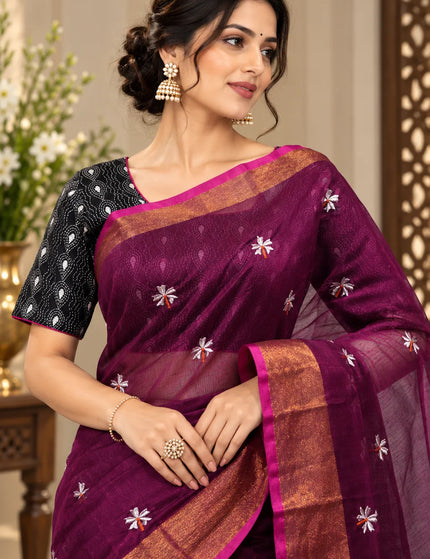 Coral Wine Red Jasmin Cotton Saree | Golden Border | Durga Puja Special