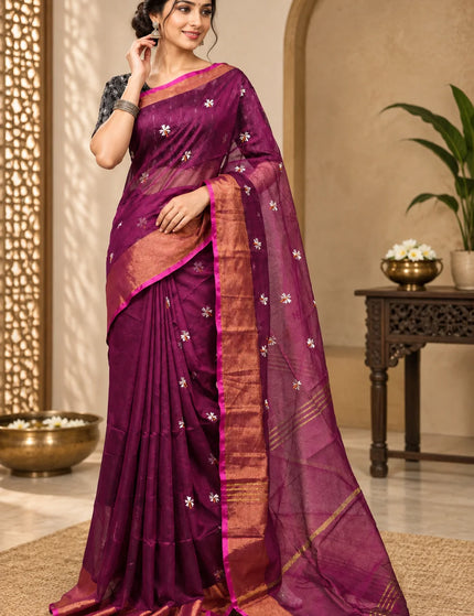 Coral Wine Red Jasmin Cotton Saree | Golden Border | Durga Puja Special