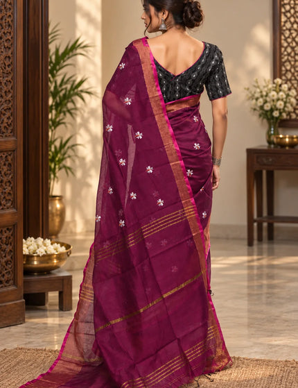 Coral Wine Red Jasmin Cotton Saree | Golden Border | Durga Puja Special