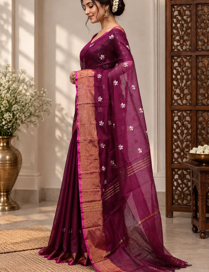 Coral Wine Red Jasmin Cotton Saree | Golden Border | Durga Puja Special