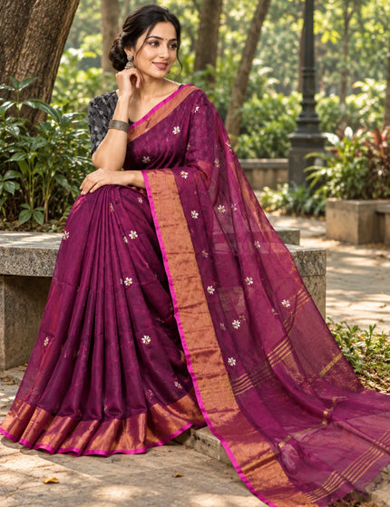 Coral Wine Red Jasmin Cotton Saree | Golden Border | Durga Puja Special