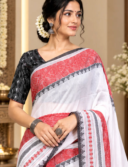 White and Red Khadi Bodhu Boron Saree – KalamKantha