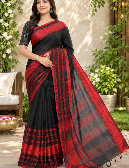 Black and Red Khadi Bodhu Boron Saree | Durga Puja Special