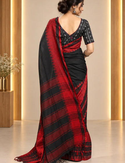 Black and Red Khadi Bodhu Boron Saree | Durga Puja Special