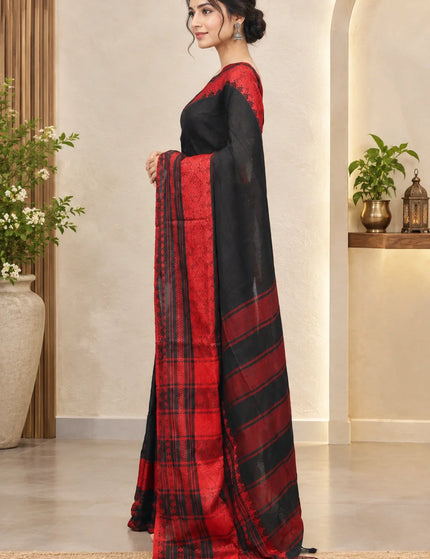 Black and Red Khadi Bodhu Boron Saree | Durga Puja Special