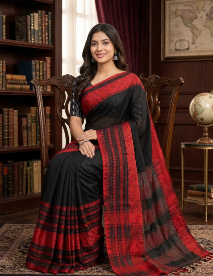 Black and Red Khadi Bodhu Boron Saree | Durga Puja Special