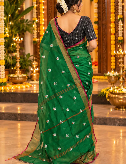 Coral Green Jasmin Cotton Saree , Golden Border – KalamKantha