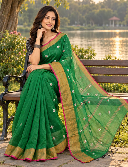Coral Green Jasmin Cotton Saree , Golden Border – KalamKantha