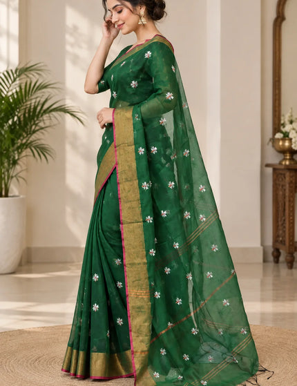 Coral Green Jasmin Cotton Saree , Golden Border – KalamKantha