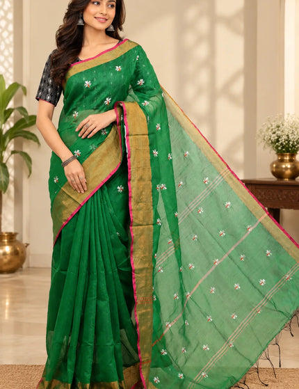Coral Green Jasmin Cotton Saree , Golden Border – KalamKantha