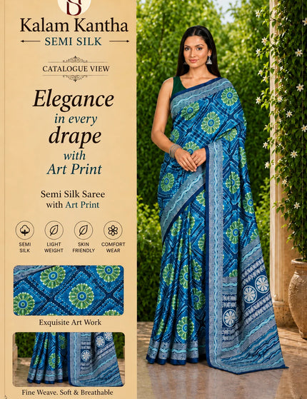 Kalam Kantha semi silk art print saree catalogue banner, teal with art work and weave detail insets - KalamKantha