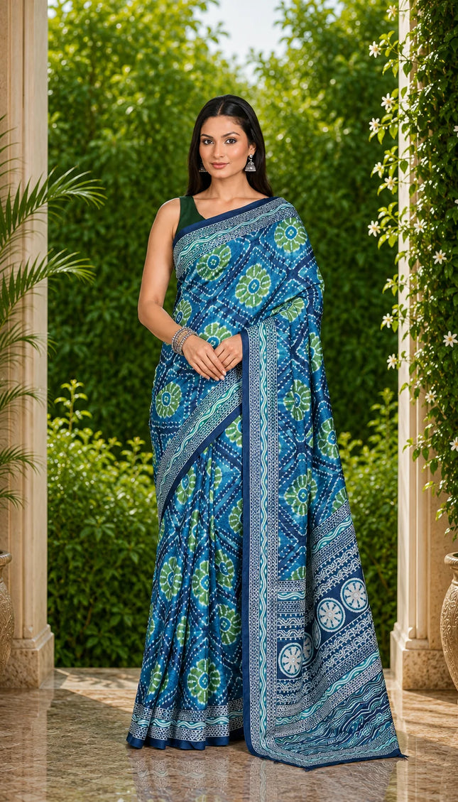 Teal mercerised ikkat silk saree with green floral motifs, draped front view on model - KalamKantha

