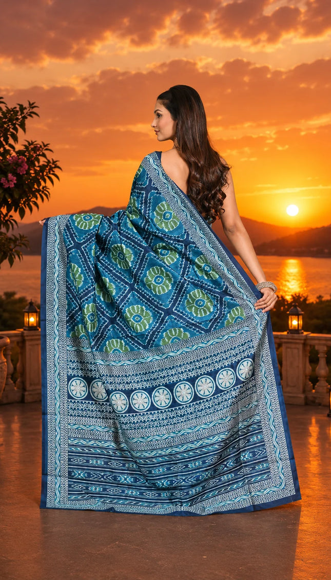 Teal ikkat silk saree back view, pallu spread showing green medallion motifs and circular border band - KalamKantha