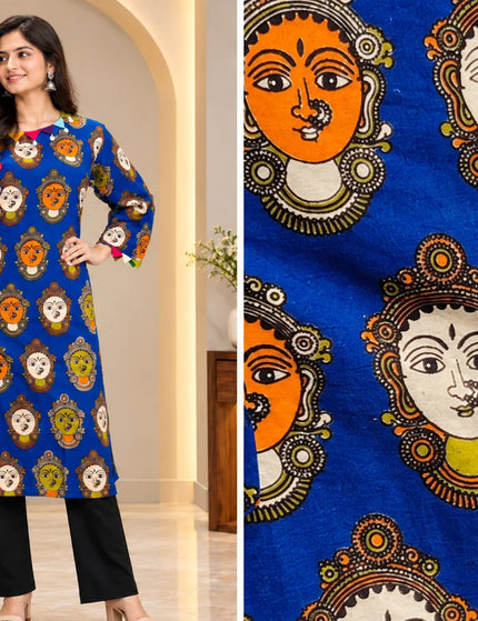 Blue Kathakali print pure cotton gown dress – Front and Motif Detail – KalamKantha