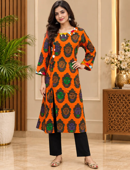 Orange Kathakali cotton gown – Three-Quarter View – KalamKantha