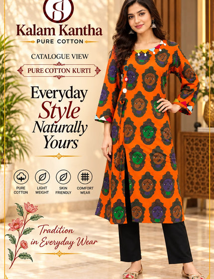Orange Kathakali cotton gown – Neckline Close-Up – KalamKantha