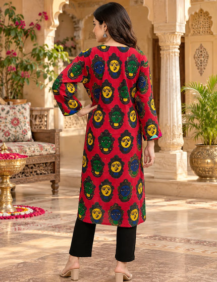 KalamKantha red Kathakali print cotton gown – Front and motif detail