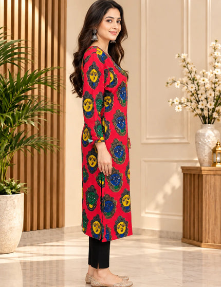 KalamKantha red Kathakali print cotton gown – Seated front view