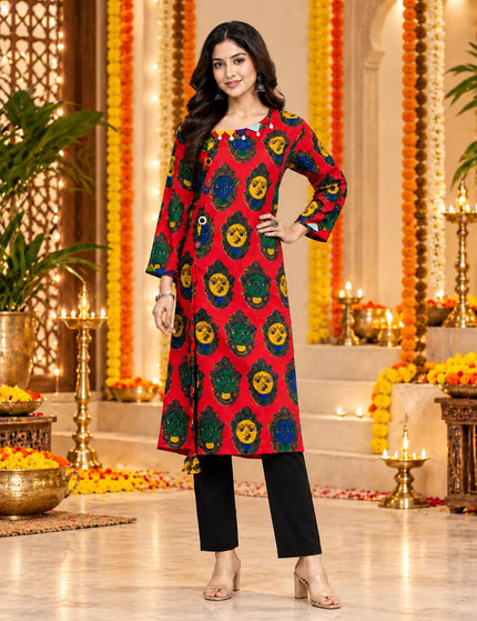 KalamKantha red Kathakali print cotton gown – Back view
