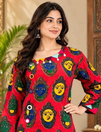 KalamKantha red Kathakali print cotton gown – Side view