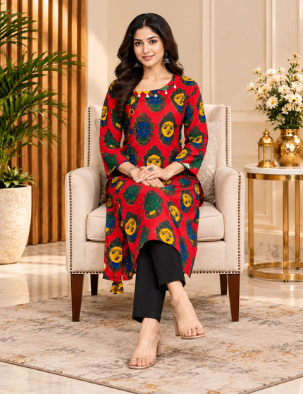 KalamKantha red Kathakali print cotton gown – Fabric close-up