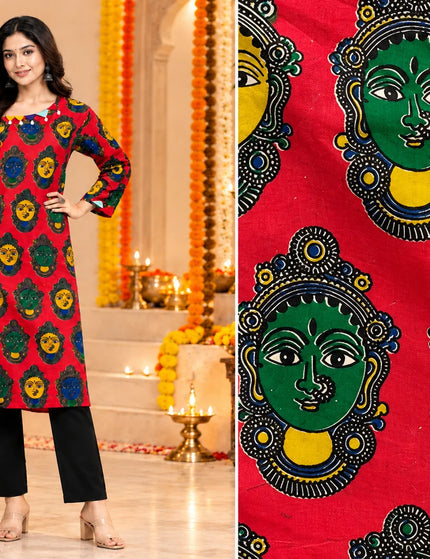 KalamKantha red Kathakali print cotton gown – Full front view