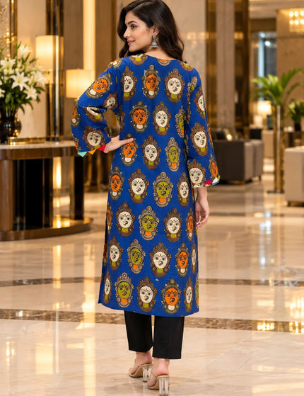 Blue Kathakali print pure cotton gown dress – Back View – KalamKantha