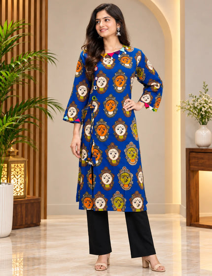 Blue Kathakali print pure cotton gown dress – Standing Front View – KalamKantha