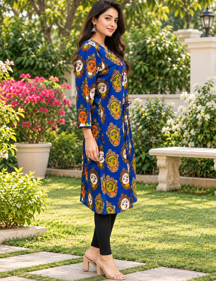 Blue Kathakali print pure cotton gown dress – Outdoor Side View – KalamKantha