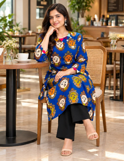 Blue Kathakali print pure cotton gown dress – Seated Front View – KalamKantha