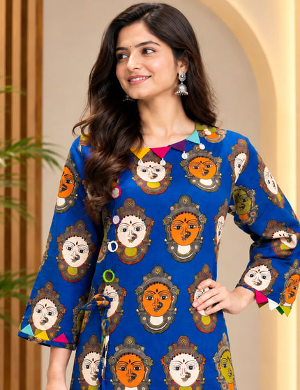 Blue Kathakali print pure cotton gown dress – Neckline and Side Tie Detail – KalamKantha